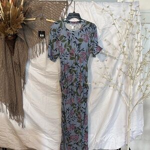 Motherhood Slate Blue Floral Maxi Dress with Pink & Green Print